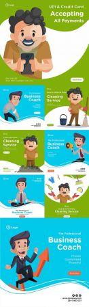 DesignOptimal Cleaning banner design with cleaning equipment and businessman