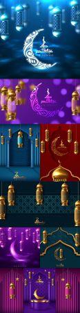 DesignOptimal Eid Mubarak pealistic background with candles and mosque 2