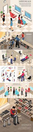 DesignOptimal Hairdresser shoe repair and nurse isometric design