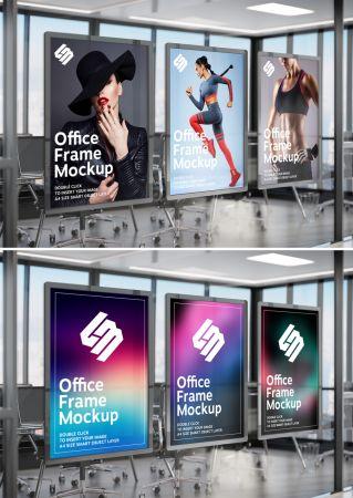 DesignOptimal 3 Vertical Frames Hanging on Office Glass Interior Mockup 385080476