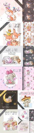 DesignOptimal Cute cartoon animals and seamless background 3
